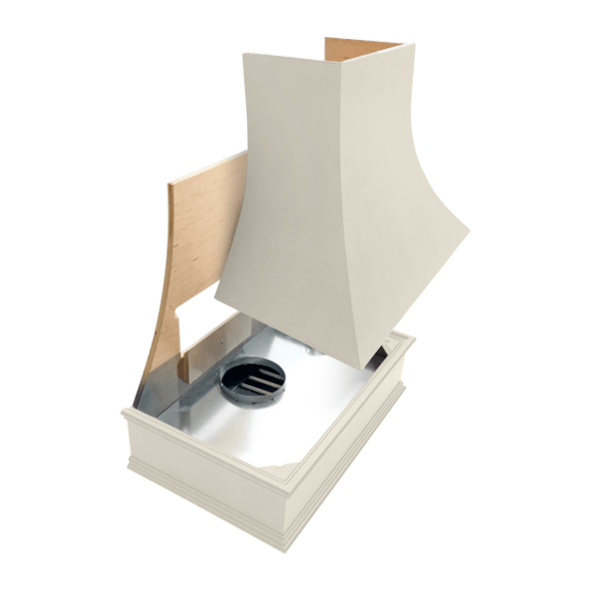Antique White Wood Range Hood With Tapered Front and Decorative Trim ...