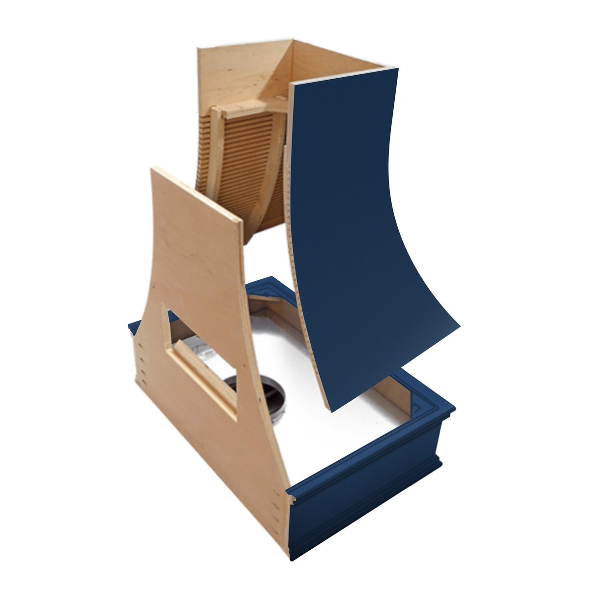 Navy Blue Wood Range Hood With Sloped Front and Decorative