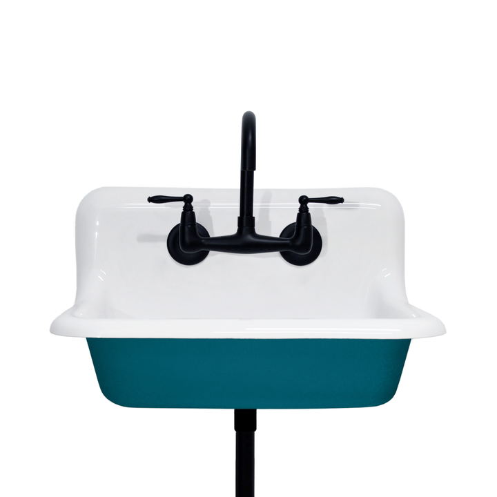 24" Vintage Wall Mount Bathroom and Utility Sink with Matte Black Faucet and Drain (Oceanside Blue Exterior)