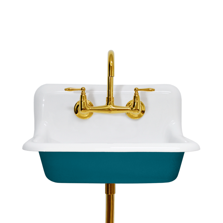24" Vintage Wall Mount Bathroom and Utility Sink with Polished Brass Faucet and Drain (Oceanside Blue Exterior)