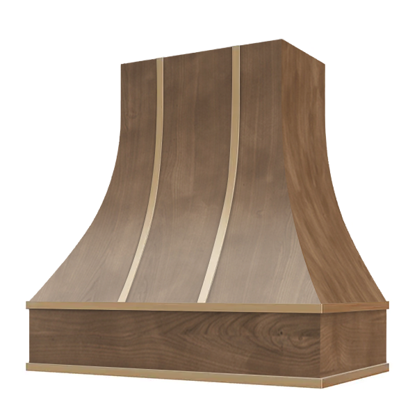 American Walnut Range Hood With Curved Front and Brass Strapping - 30", 36", 42", 48", 54" and 60" Widths Available