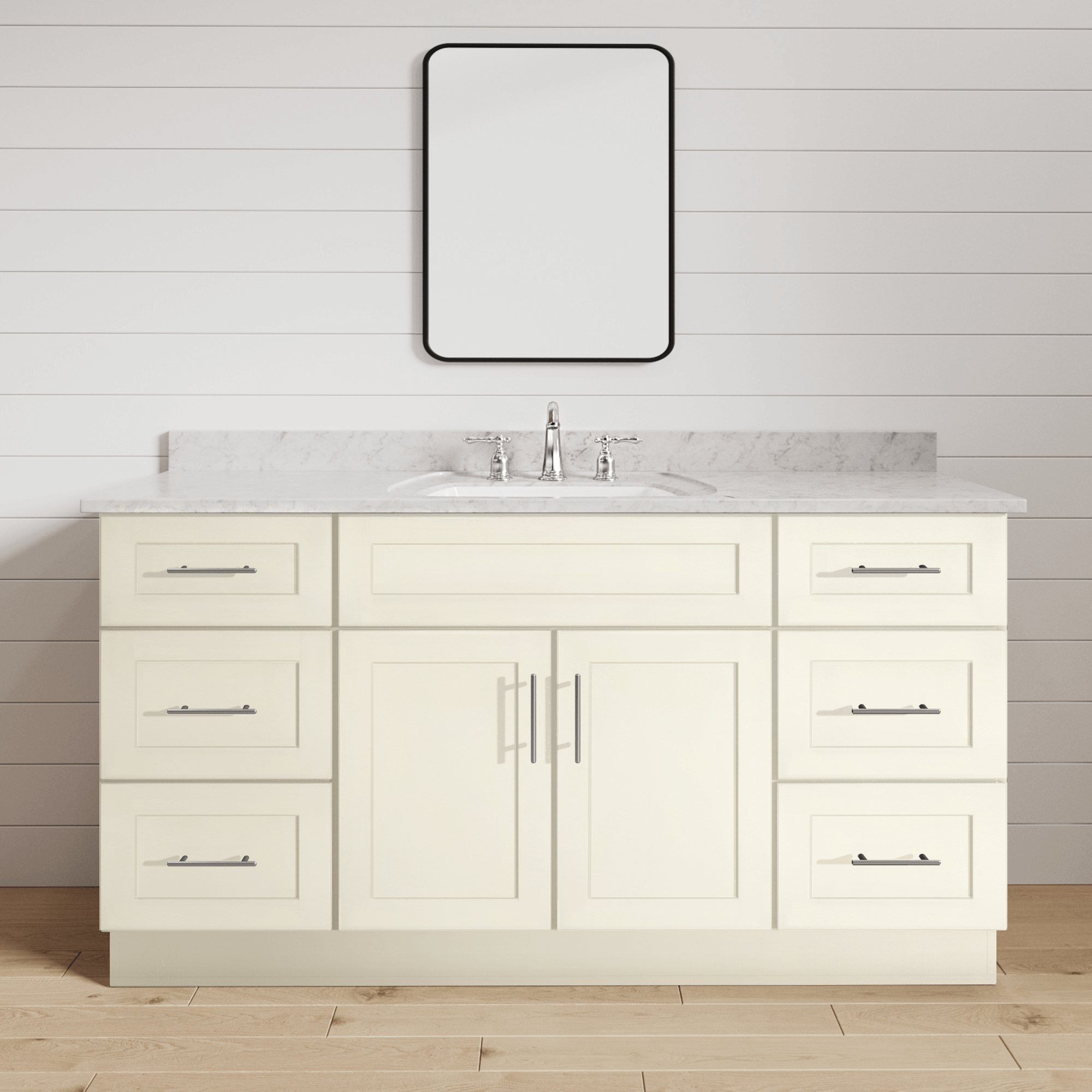 54 Inch Antique White Shaker Single Sink Bathroom Vanity with Drawers ...