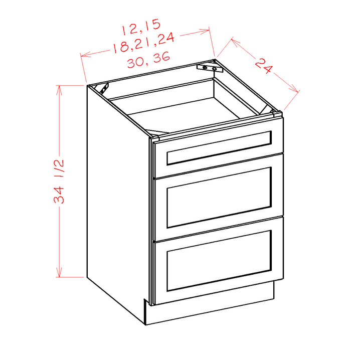 White Slim Shaker 36" 3-Drawer Base Cabinet