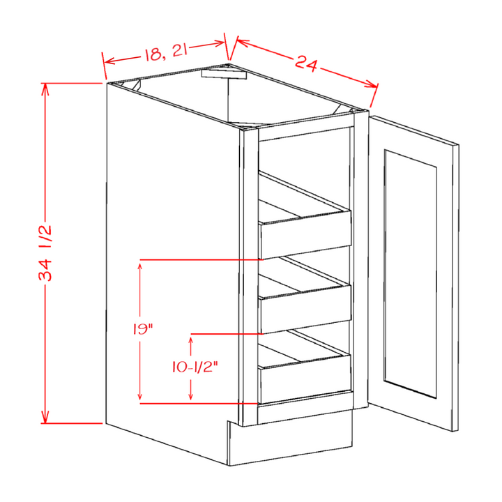 White Slim Shaker 18" Full Height Door Base Cabinet w/ 3 Rollout Shelves