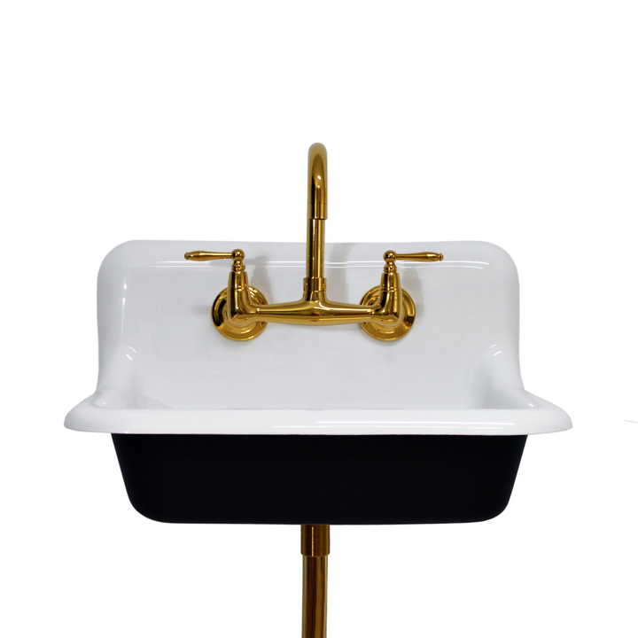 24" Vintage Wall Mount Bathroom and Utility Sink with Polished Brass Faucet and Drain (Matte Black Exterior)