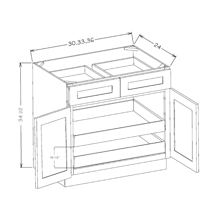 White Shaker 36" Base Cabinet w/ 2 Rollout Shelves