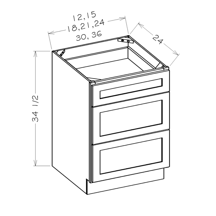 White Shaker 30" 3-Drawer Base Cabinet