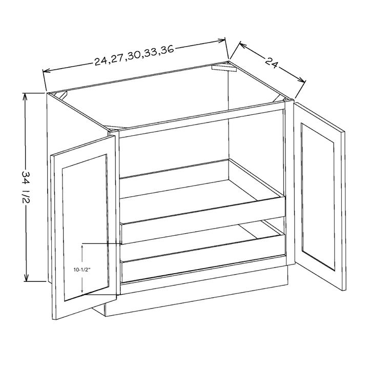 White Shaker 36" Full Height Door Base Cabinet w/ 2 Rollout Shelves