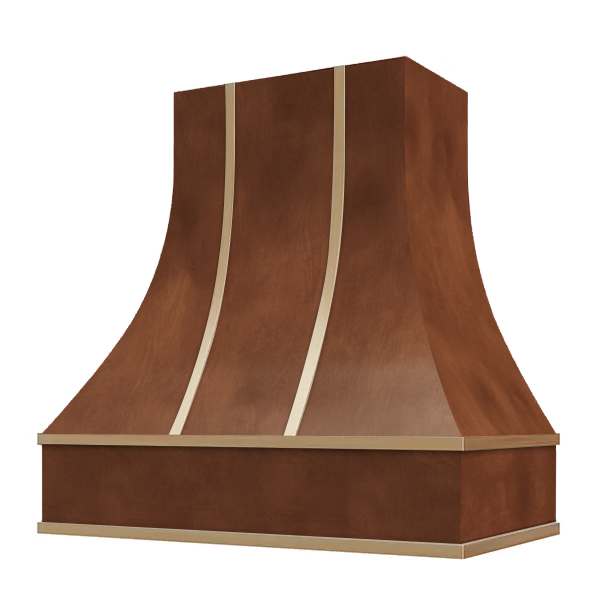 Chocolate Range Hood With Curved Front and Brass Strapping - 30", 36", 42", 48", 54" and 60" Widths Available