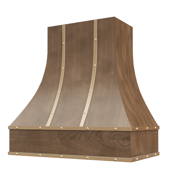 American Walnut Range Hood With Curved Front, Brass Strapping and Buttons - 30", 36", 42", 48", 54" and 60" Widths Available