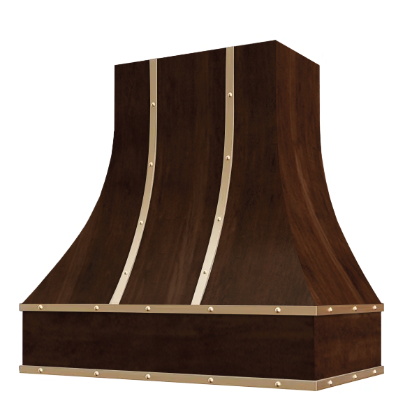 Espresso Range Hood With Curved Front, Brass Strapping and Buttons - 30", 36", 42", 48", 54" and 60" Widths Available