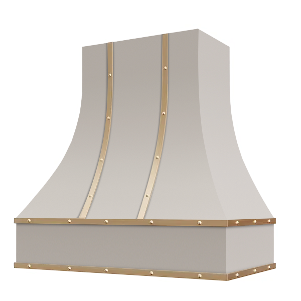 Light Grey Range Hood With Curved Front, Brass Strapping and Buttons - 30", 36", 42", 48", 54" and 60" Widths Available