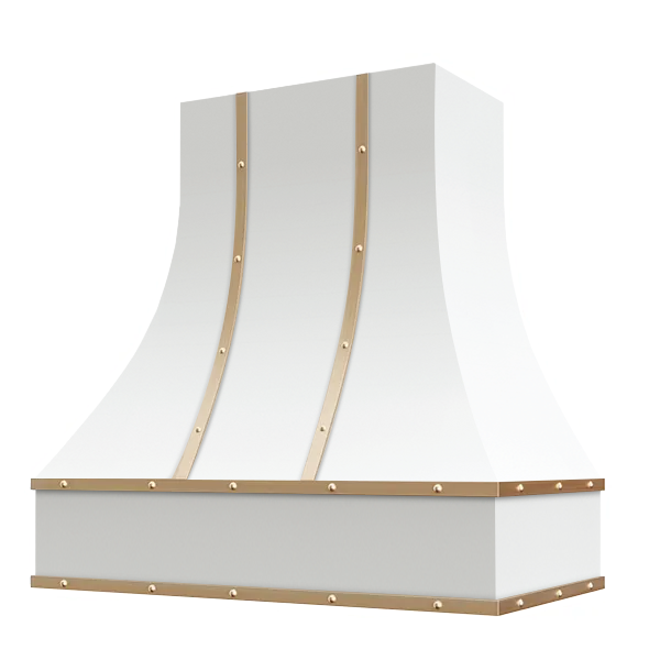 White Range Hood With Curved Front, Brass Strapping and Buttons - 30", 36", 42", 48", 54" and 60" Widths Available