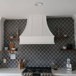 Wood Range Hood With Curved Strapped Front and Decorative Trim - 30" 36" 42" 48" 54" and 60" Widths Available