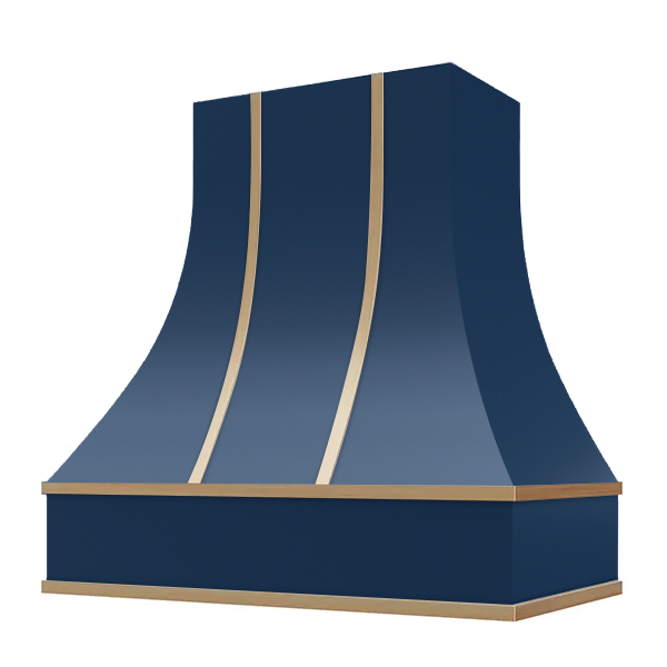 Navy Blue Range Hood With Curved Front and Brass Strapping - 30", 36", 42", 48", 54" and 60" Widths Available