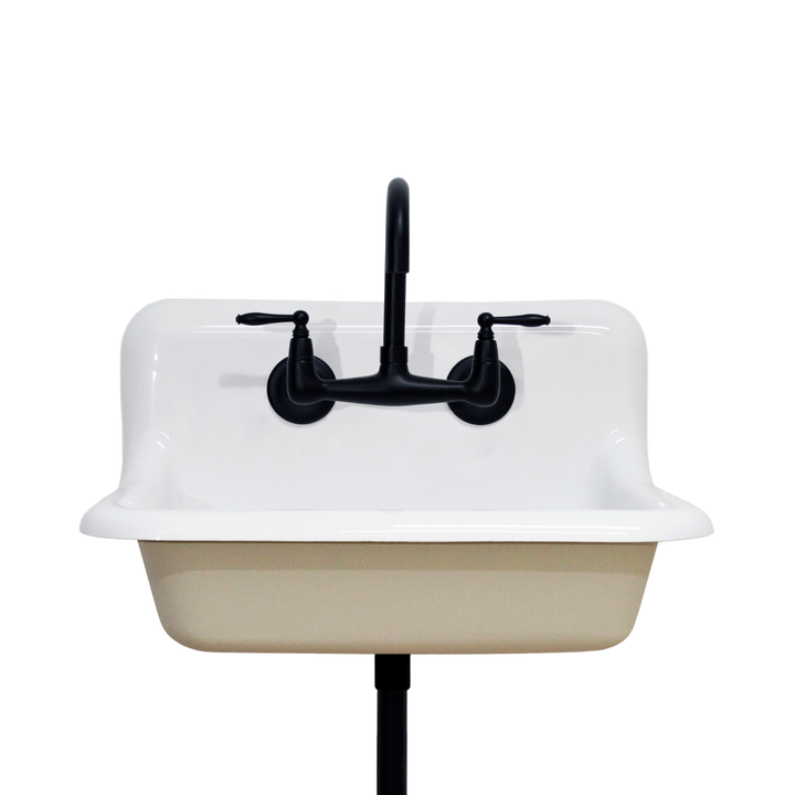 24" Vintage Wall Mount Bathroom and Utility Sink with Matte Black Faucet and Drain (Spare White Exterior)