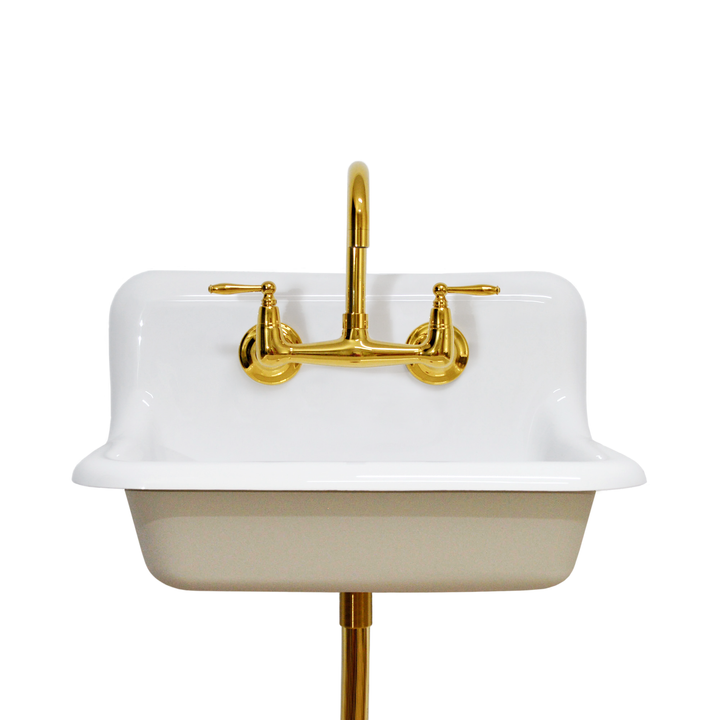 24" Vintage Wall Mount Bathroom and Utility Sink with Polished Brass Faucet and Drain (Spare White Exterior)