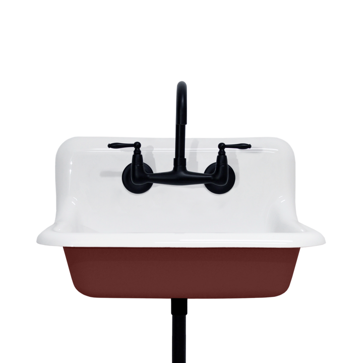 24" Vintage Wall Mount Bathroom and Utility Sink with Matte Black Faucet and Drain (Rookwood Red Exterior)
