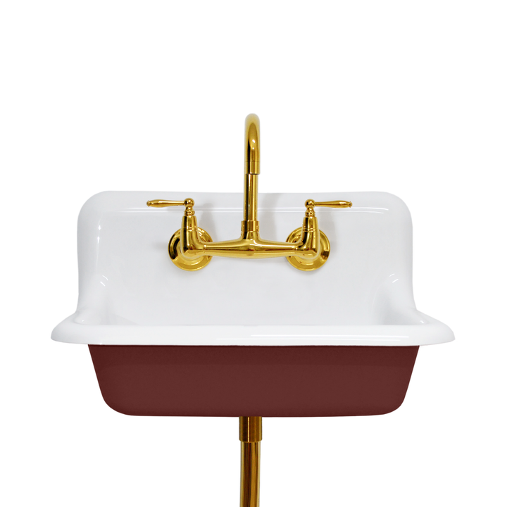24" Vintage Wall Mount Bathroom and Utility Sink with Polished Brass Faucet and Drain (Rookwood Red Exterior)