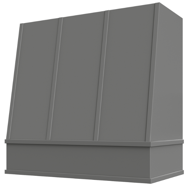 Grey Wood Range Hood With Angled Strapped Front and Block Trim - 30", 36", 42", 48", 54" and 60" Widths Available