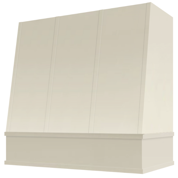 Antique White Wood Range Hood With Angled Strapped Front and Block Trim - 30", 36", 42", 48", 54" and 60" Widths Available