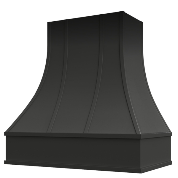 Black Range Hood With Curved Strapped Front and Block Trim - 30", 36", 42", 48", 54" and 60" Widths Available