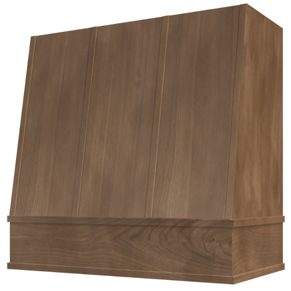 American Walnut Wood Range Hood With Angled Strapped Front and Block Trim - 30", 36", 42", 48", 54" and 60" Widths Available