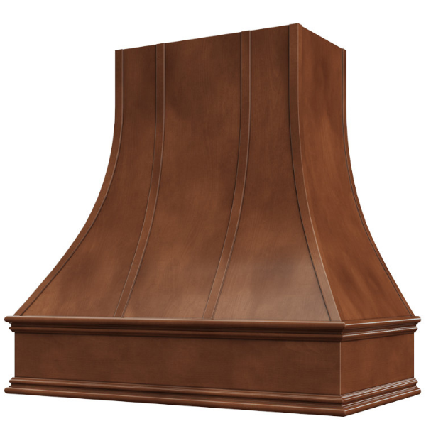 Chocolate Range Hood With Curved Strapped Front and Decorative Trim - 30", 36", 42", 48", 54" and 60" Widths Available