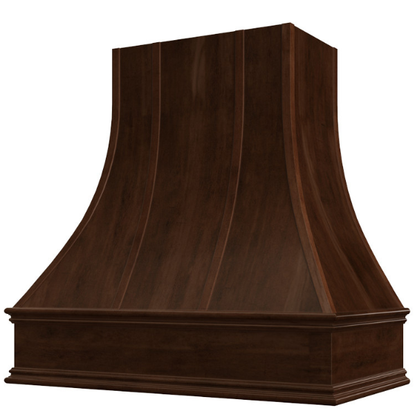 Espresso Range Hood With Curved Strapped Front and Decorative Trim - 30", 36", 42", 48", 54" and 60" Widths Available