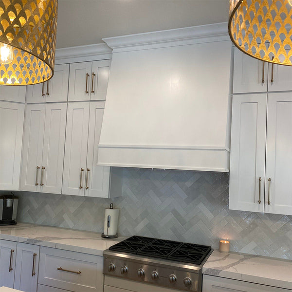 Wood Range Hood With Angled Front and Decorative Trim - 30", 36", 42", 48", 54" and 60" Widths Available