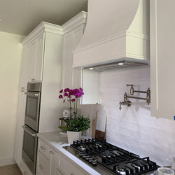 Wood Range Hood With Sloped Front and Decorative Trim - 30", 36", 42", 48", 54" and 60" Widths Available