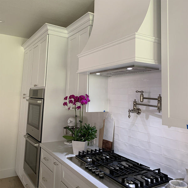Wood Range Hood With Sloped Front and Decorative Trim - 30", 36", 42", 48", 54" and 60" Widths Available