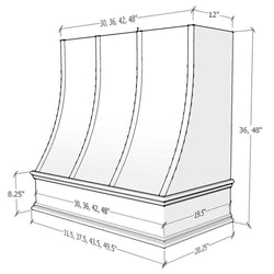 Wood Range Hood With Sloped Strapped Front and Decorative Trim - 30", 36", 42", 48", 54" and 60" Widths Available