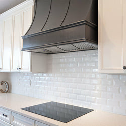 Wood Range Hood With Sloped Strapped Front and Decorative Trim - 30", 36", 42", 48", 54" and 60" Widths Available