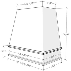 Wood Range Hood With Tapered Front and Decorative Trim - 30", 36", 42", 48", 54" and 60" Widths Available