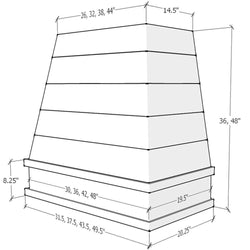 Wood Range Hood With Tapered Shiplap Front and Block Trim - 30", 36", 42", 48", 54" and 60" Widths Available