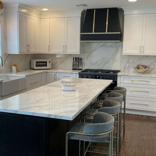 Wood Range Hood With Tapered Strapped Front and Block Trim - 30", 36", 42", 48", 54" and 60" Widths Available