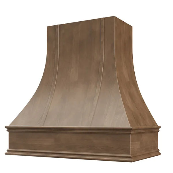 American Walnut Range Hood With Curved Strapped Front and Decorative Trim - 30", 36", 42", 48", 54" and 60" Widths Available