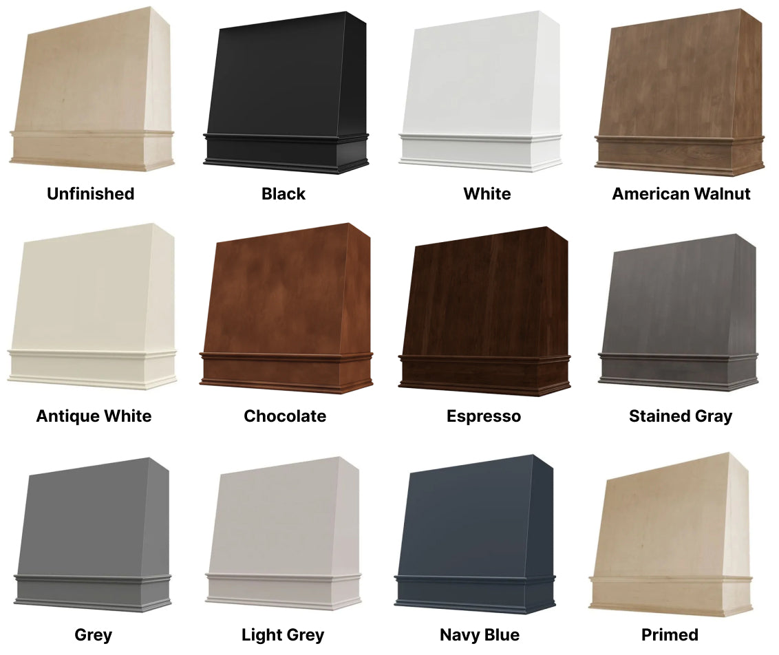 Wood Range Hood With Angled Front and Decorative Trim - 30", 36", 42", 48", 54" and 60" Widths Available