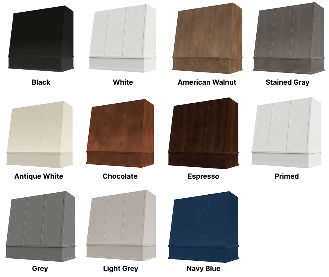 Wood Range Hood With Angled Strapped Front and Block Trim - 30", 36", 42", 48", 54" and 60" Widths Available