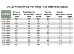 Wood Range Hood With Angled Front and Decorative Trim - 30", 36", 42", 48", 54" and 60" Widths Available