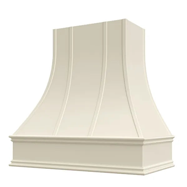Antique White Range Hood With Curved Strapped Front and Decorative Trim - 30", 36", 42", 48", 54" and 60" Widths Available