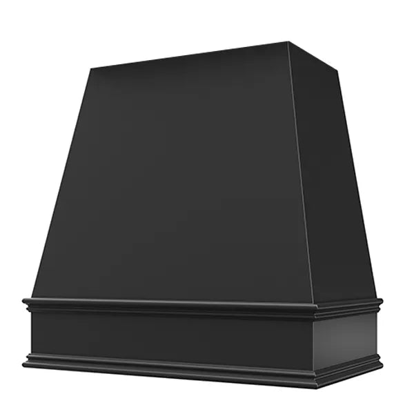 Black Wood Range Hood With Tapered Front and Decorative Trim - 30", 36", 42", 48", 54" and 60" Widths Available