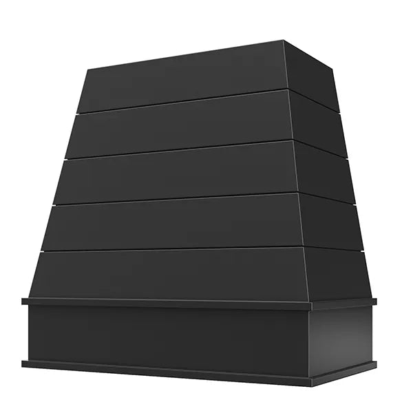 Black Wood Range Hood With Tapered Shiplap Front and Block Trim - 30", 36", 42", 48", 54" and 60" Widths Available