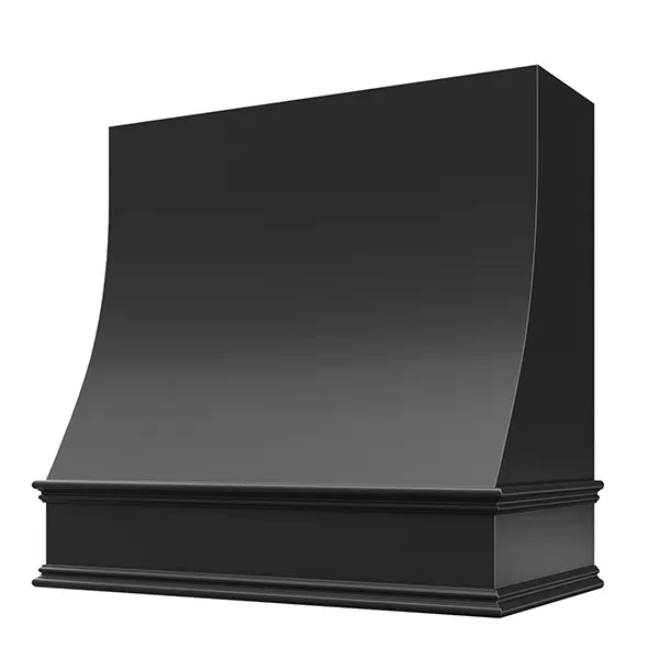 Black Wood Range Hood With Sloped Front and Decorative Trim - 30", 36", 42", 48", 54" and 60" Widths Available