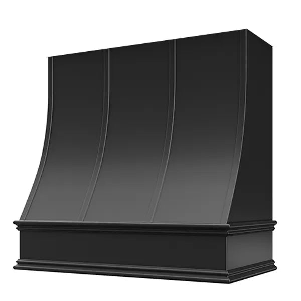 Black Wood Range Hood With Sloped Strapped Front and Decorative Trim - 30", 36", 42", 48", 54" and 60" Widths Available