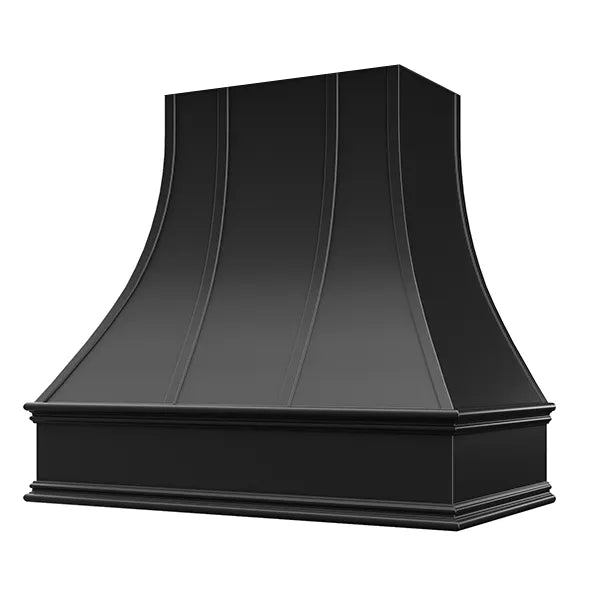 Black Range Hood With Curved Strapped Front and Decorative Trim - 30", 36", 42", 48", 54" and 60" Widths Available