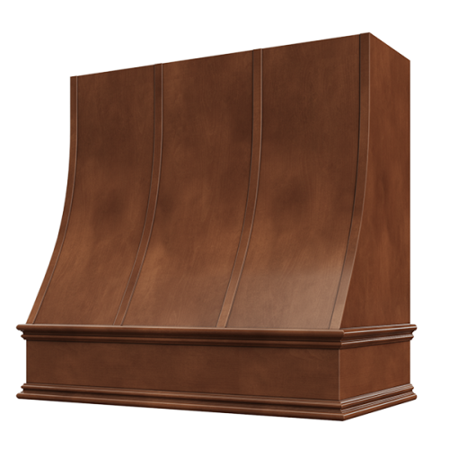 Chocolate Wood Range Hood With Sloped Strapped Front and Decorative Trim - 30", 36", 42", 48", 54" and 60" Widths Available