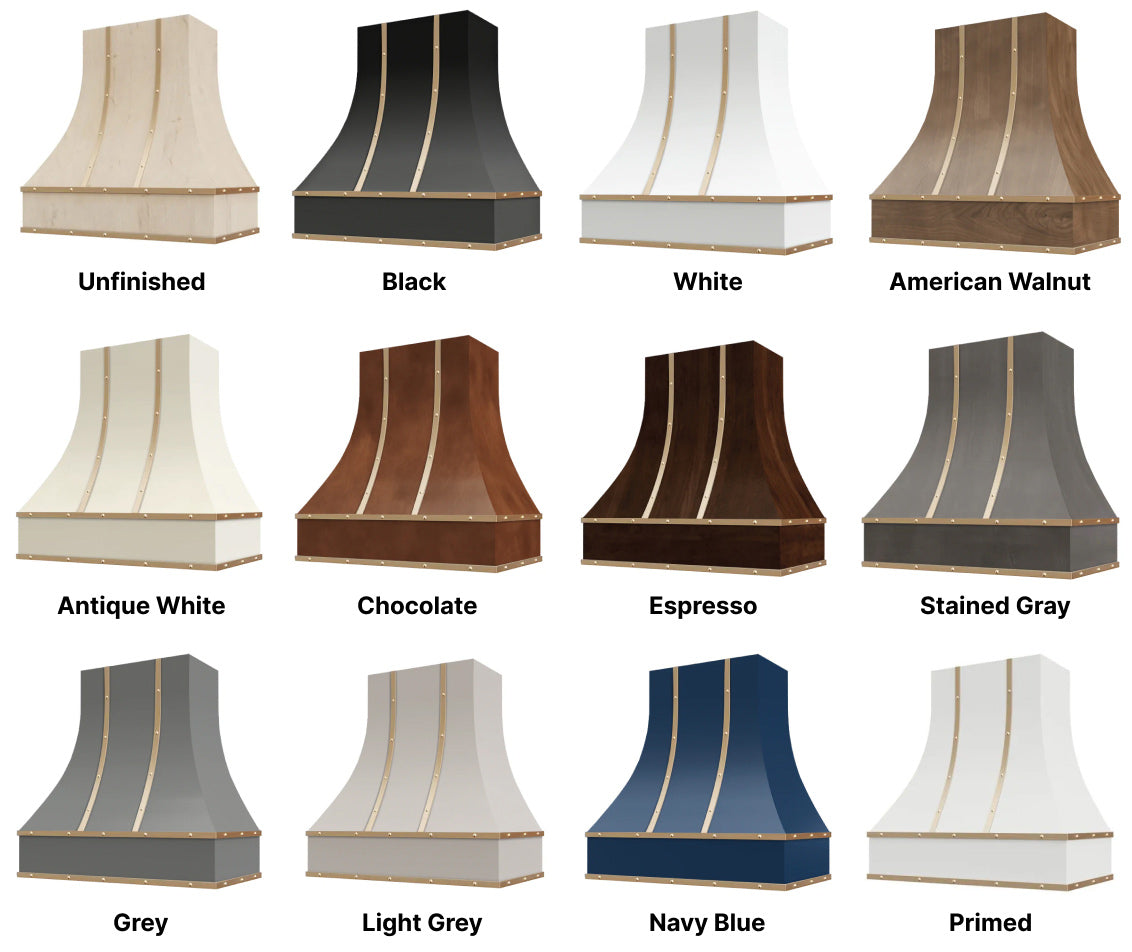 Range Hood With Curved Front, Brass Strapping and Buttons - 30", 36", 42", 48", 54" and 60" Widths Available