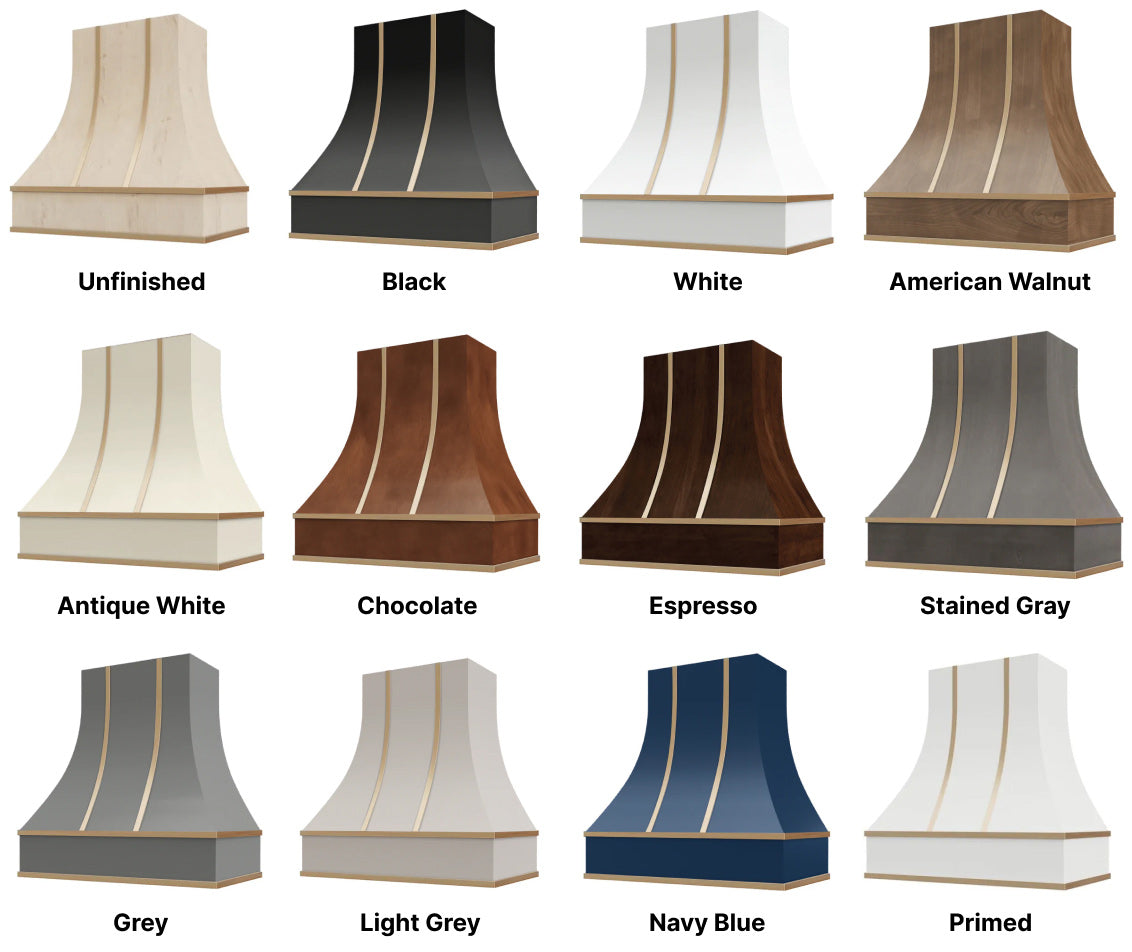 Wood Range Hood With Curved Front and Brass Strapping - 30" 36" 42" 48" 54" and 60" Widths Available